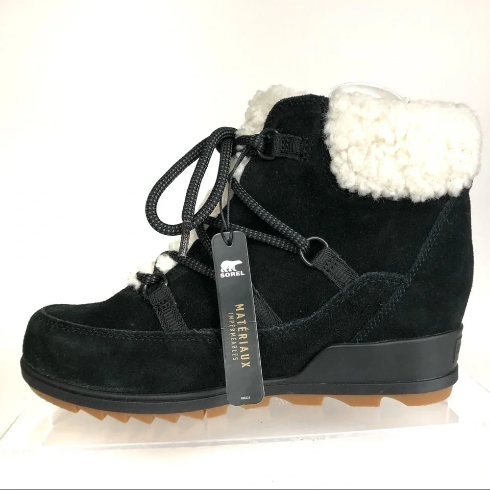 Sorel Black Suede Sherpa Sheep like Fur Wedge Comfy Shoes Sz 9 - HTF_7